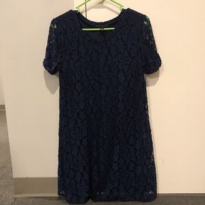 Blue lace shift dress with cap sleeves